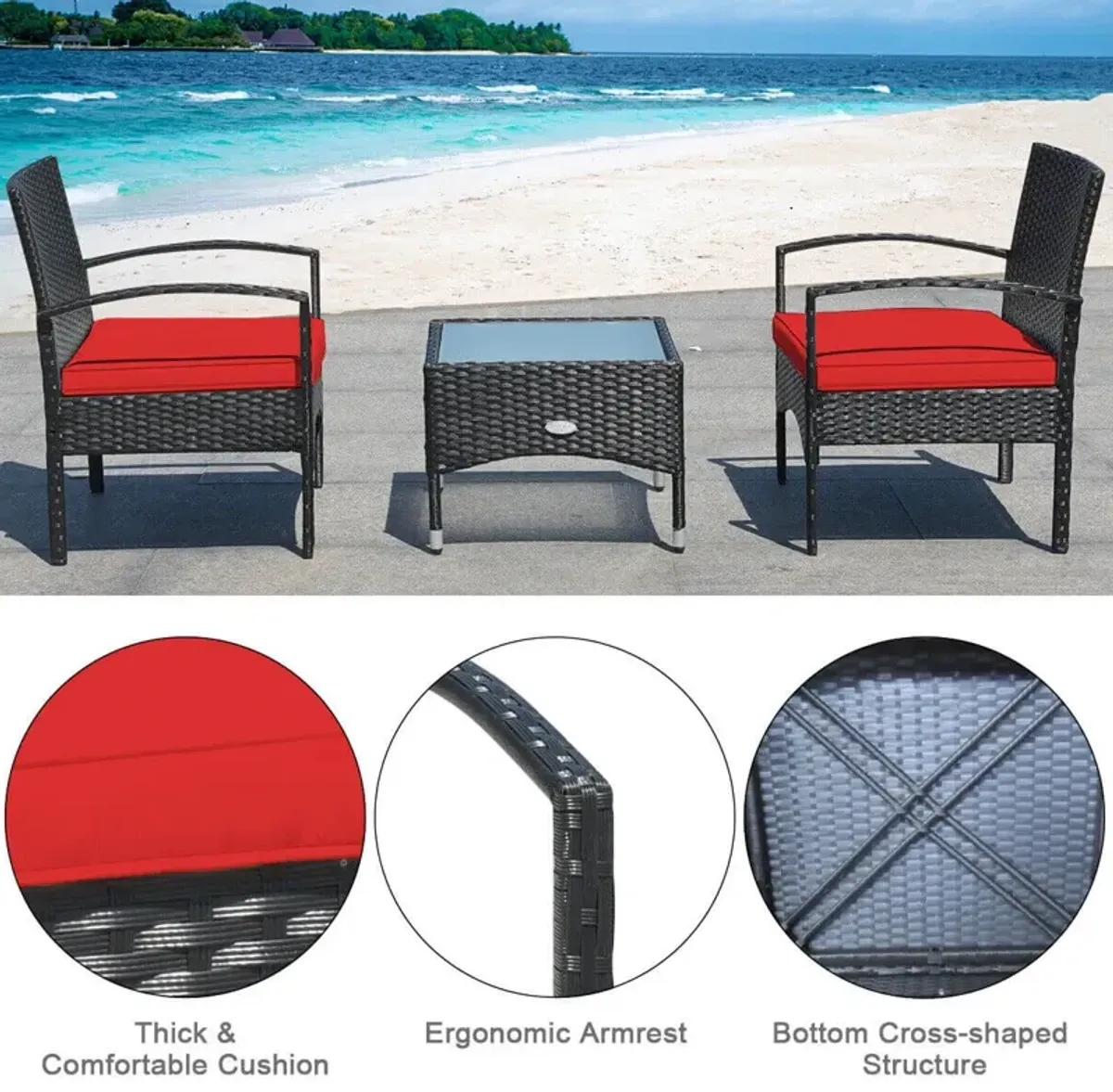 3 Pieces Patio Wicker Rattan Furniture Set with Cushion for Lawn Backyard