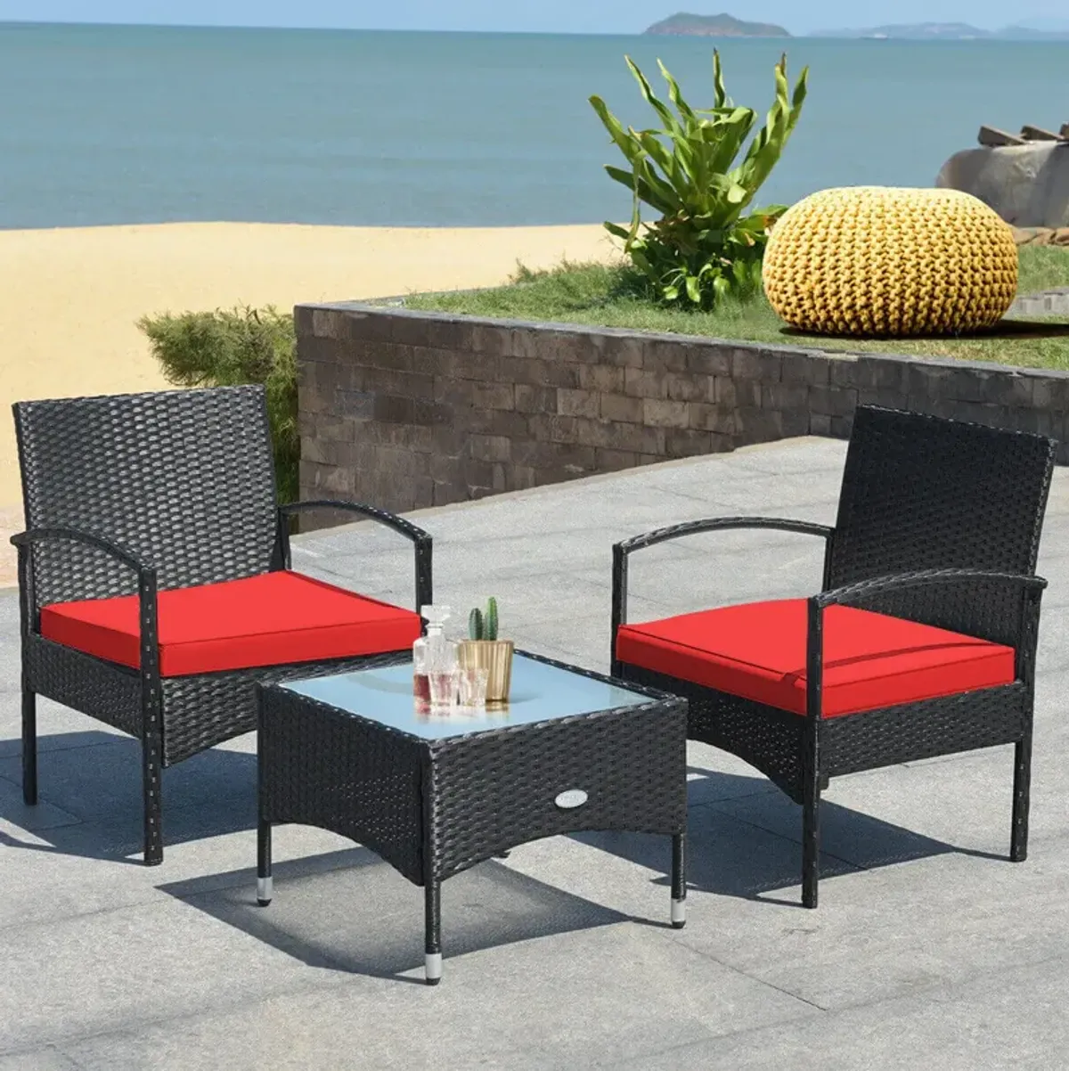 3 Pieces Patio Wicker Rattan Furniture Set with Cushion for Lawn Backyard