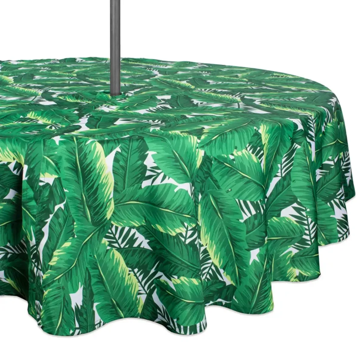 52" Green and White Banana Leaf Outdoor Round Tablecloth with Zipper