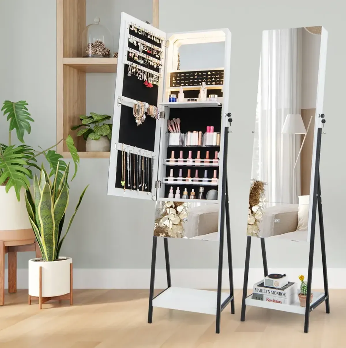 Lockable Freestanding Jewelry Organizer with Full-Length Frameless Mirror