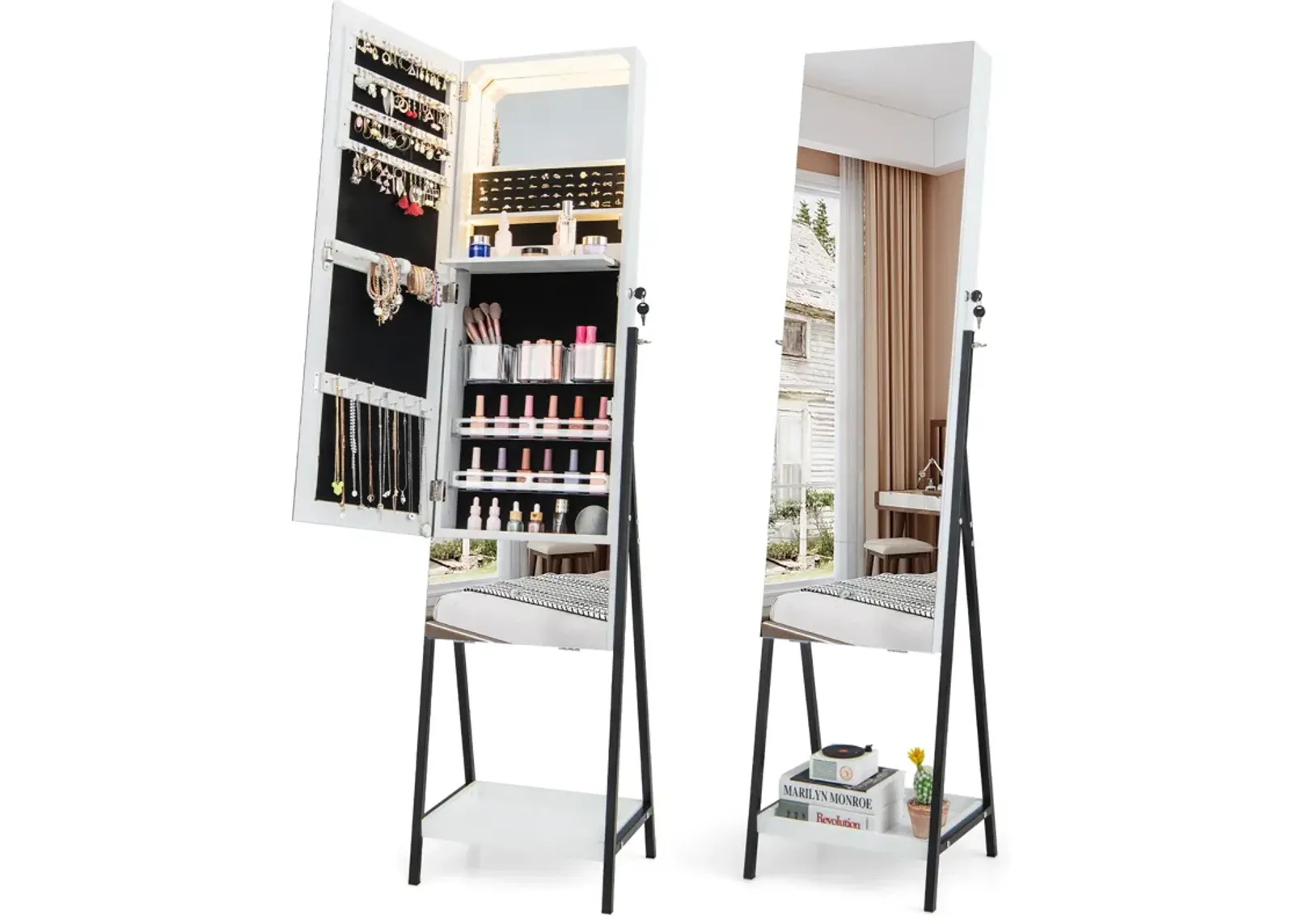 Lockable Freestanding Jewelry Organizer with Full-Length Frameless Mirror