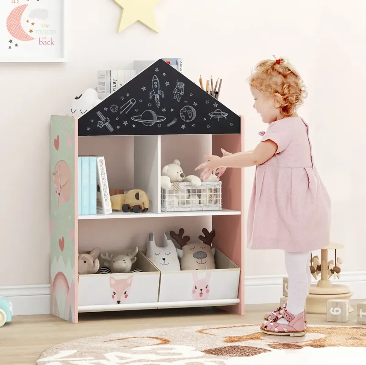 Playhouse Kids Bookshelf with Chalkboard and Whiteboard for 3-6 Years