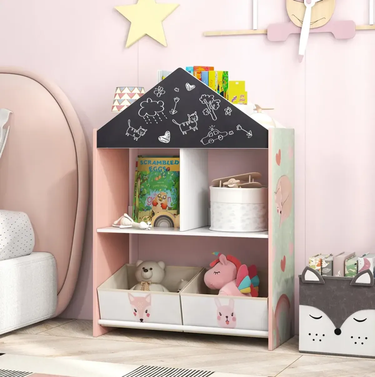 Playhouse Kids Bookshelf with Chalkboard and Whiteboard for 3-6 Years