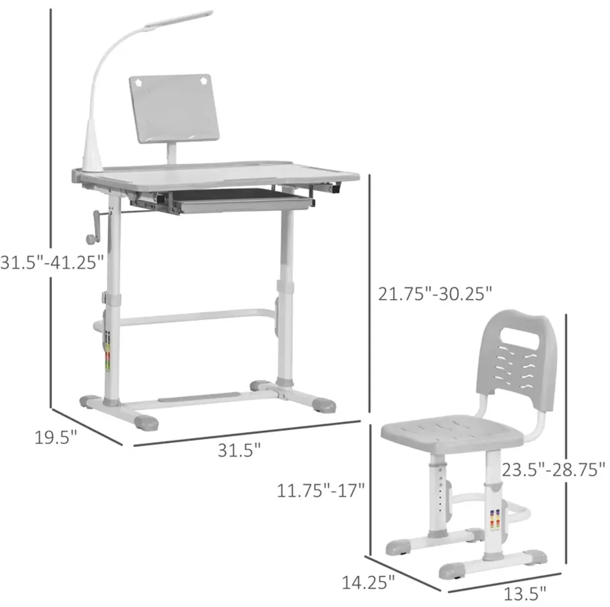 Kids Desk and Chair Set Height Adjustable Children Study Table with Tilt Desktop, LED Lamp, Drawer, Reading Board, Cup Holder, Pen Slots