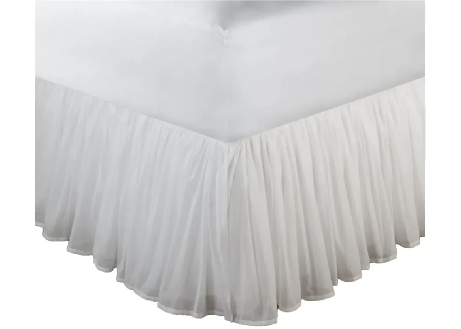 Twin Bed Skirt, Polyester Platform, Cotton Voile Drop, Ruffled Edge, White  - Benzara