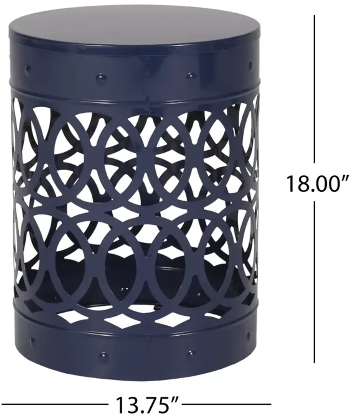 Kemo Outdoor End Table, Round 14 Inch, Cutout Design, Navy Blue Iron - Benzara