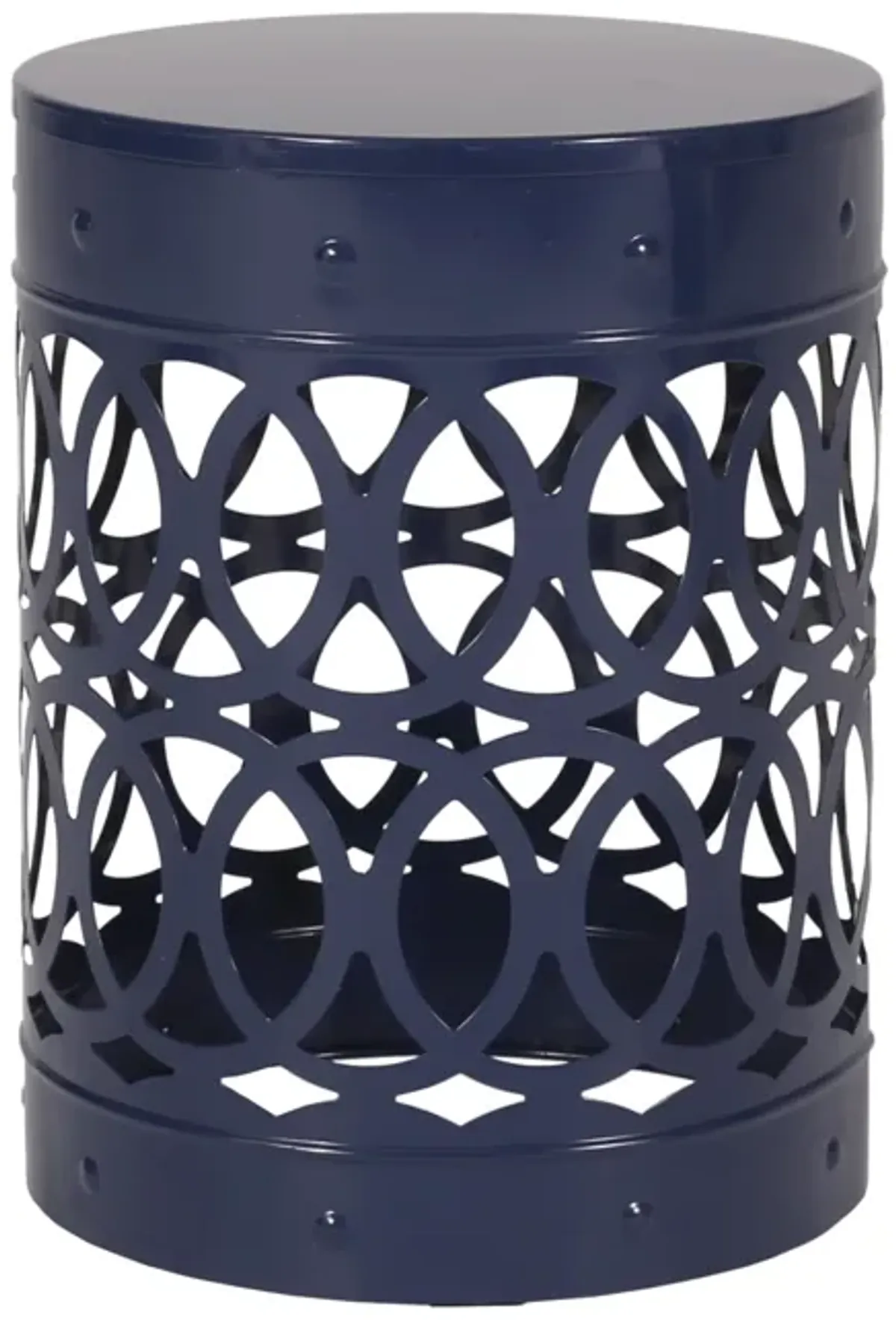 Kemo Outdoor End Table, Round 14 Inch, Cutout Design, Navy Blue Iron - Benzara