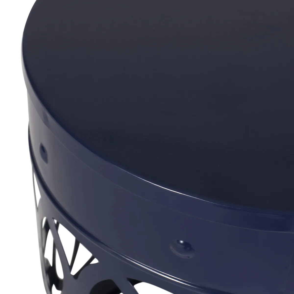 Kemo Outdoor End Table, Round 14 Inch, Cutout Design, Navy Blue Iron - Benzara