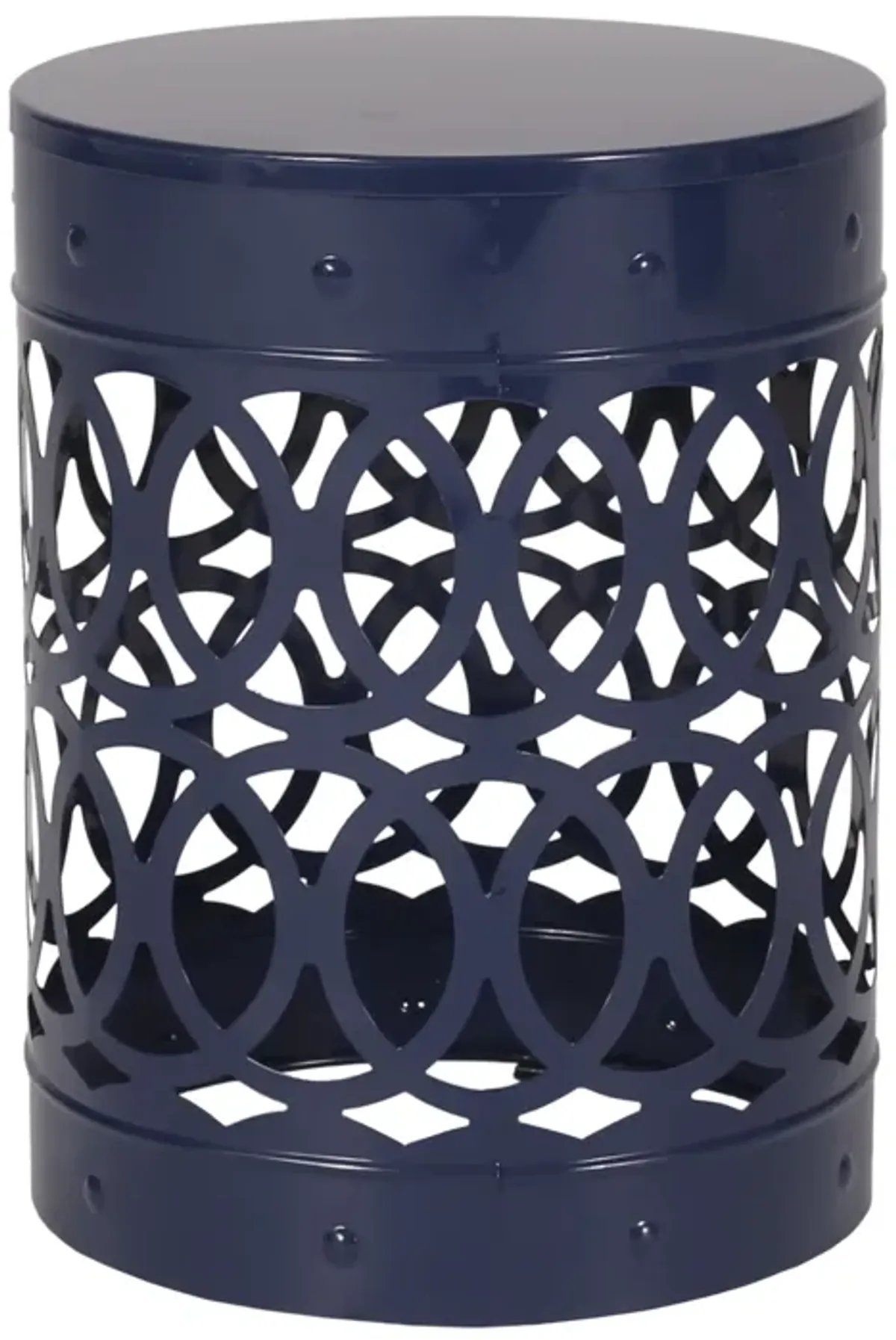 Kemo Outdoor End Table, Round 14 Inch, Cutout Design, Navy Blue Iron - Benzara