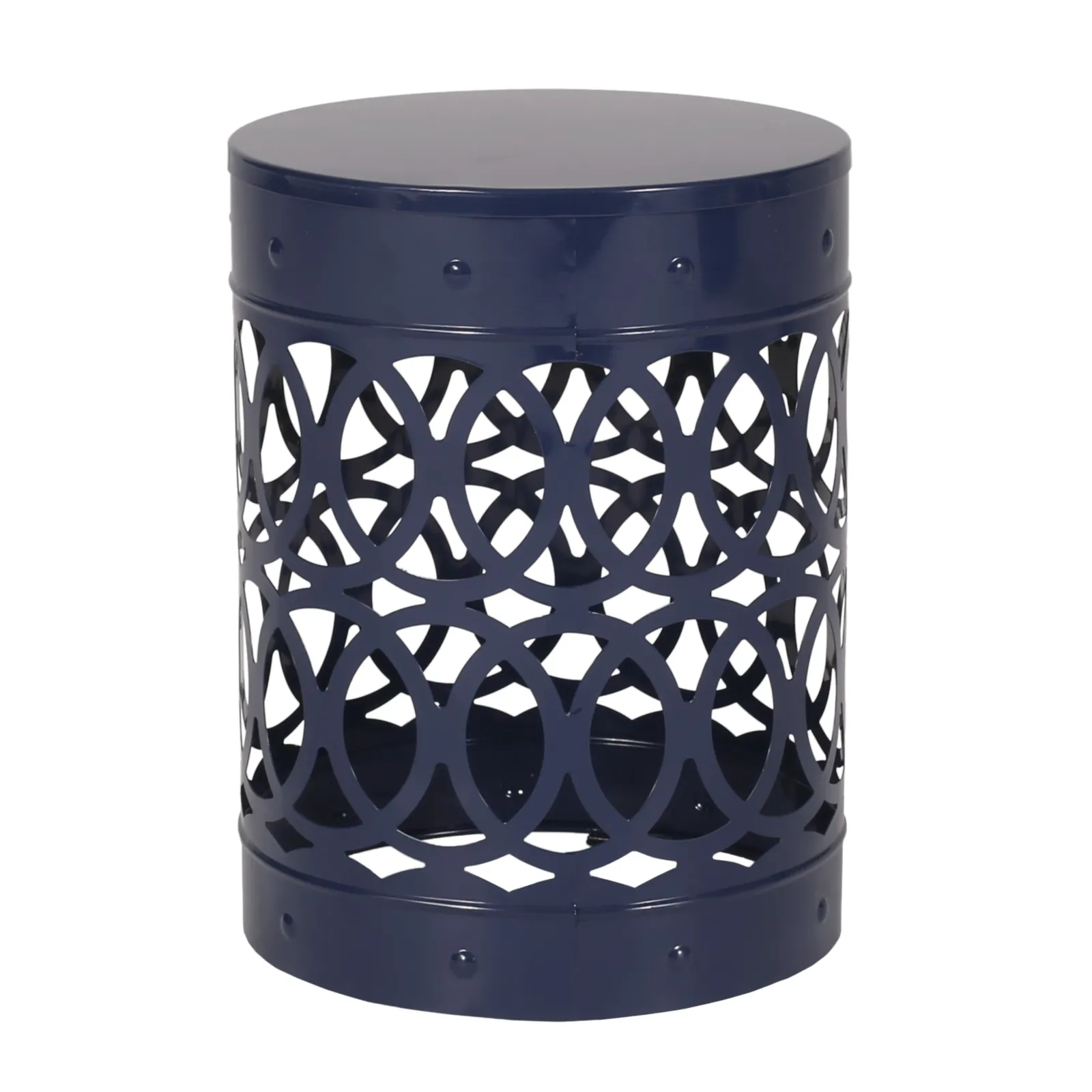 Kemo Outdoor End Table, Round 14 Inch, Cutout Design, Navy Blue Iron - Benzara