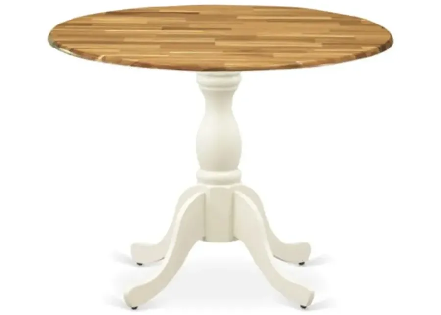 East West Furniture Dining Room Table with Drop Leaves - Natural Table Top and Linen White Pedestal Leg Finish