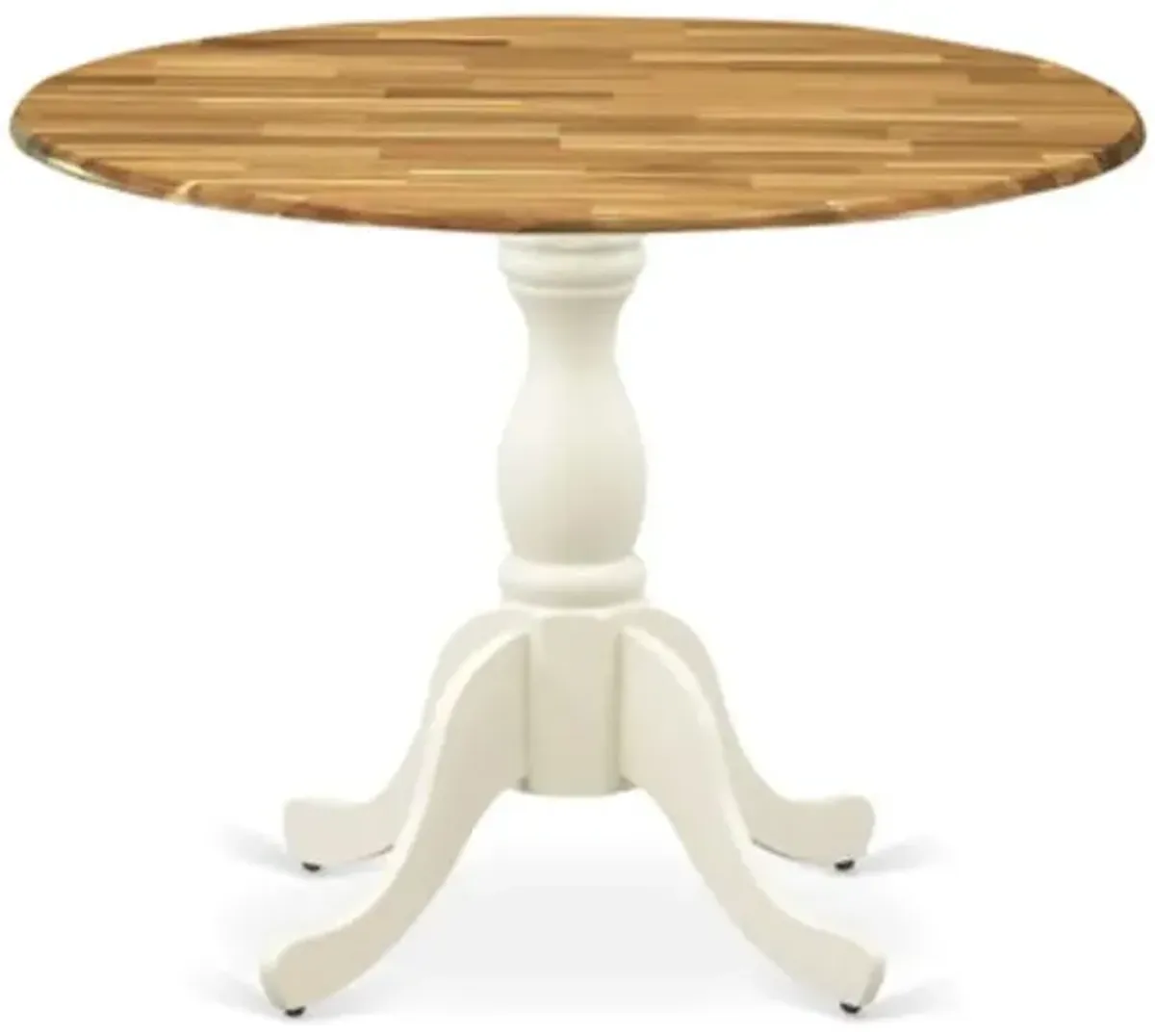 East West Furniture Dining Room Table with Drop Leaves - Natural Table Top and Linen White Pedestal Leg Finish