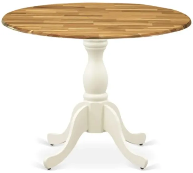 East West Furniture Dining Room Table with Drop Leaves - Natural Table Top and Linen White Pedestal Leg Finish