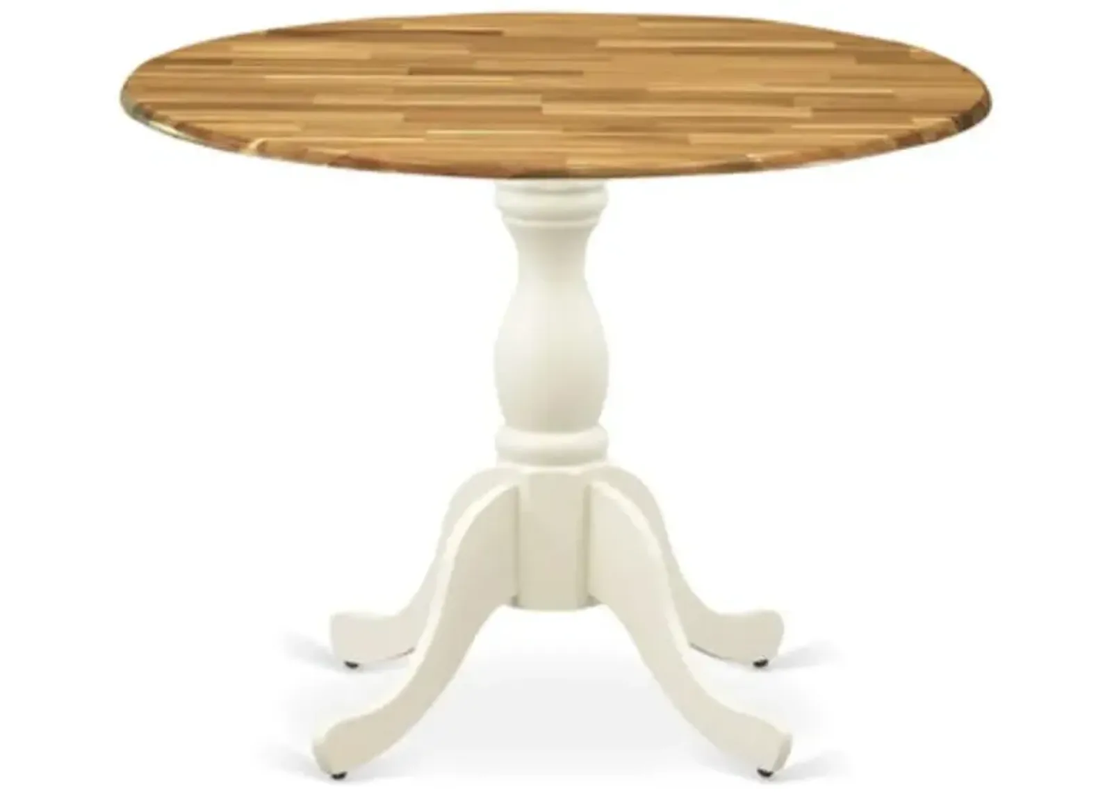 East West Furniture Dining Room Table with Drop Leaves - Natural Table Top and Linen White Pedestal Leg Finish