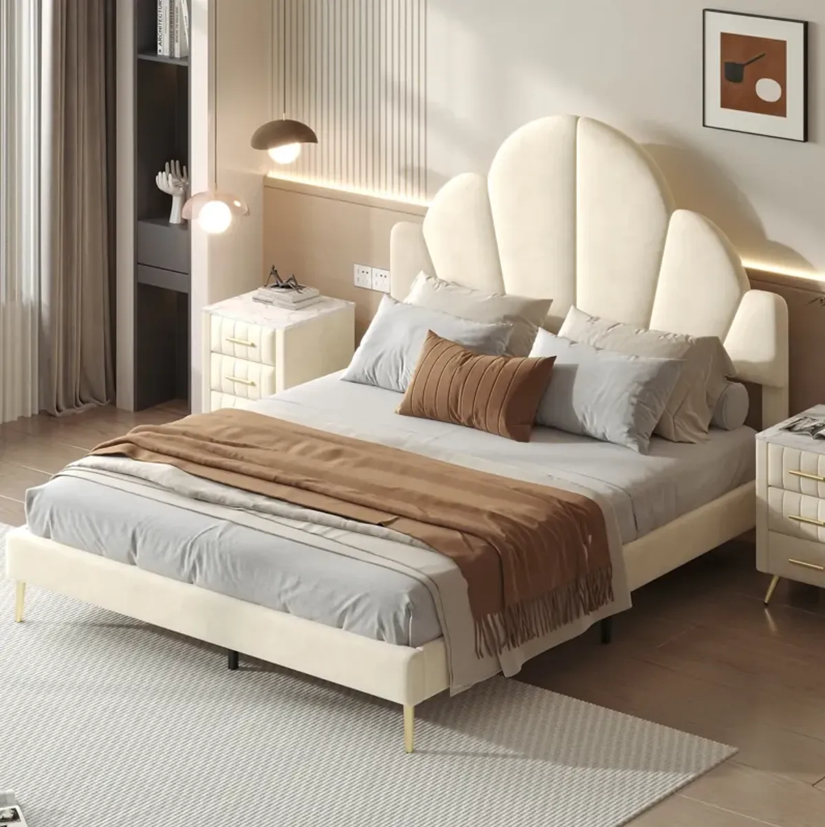 Merax Modern Velvet Platform Bed with Petal Shape Headboard