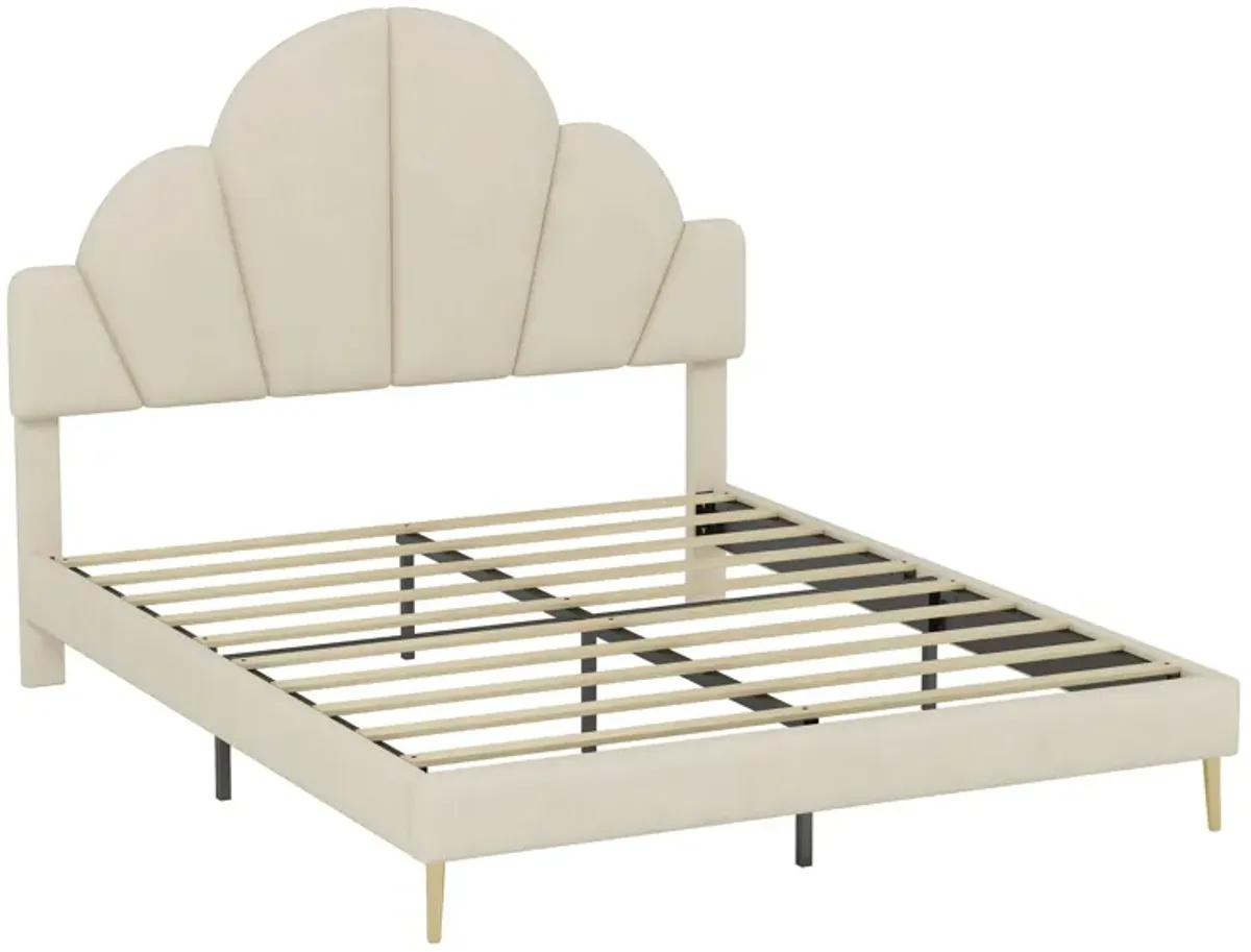 Merax Modern Velvet Platform Bed with Petal Shape Headboard