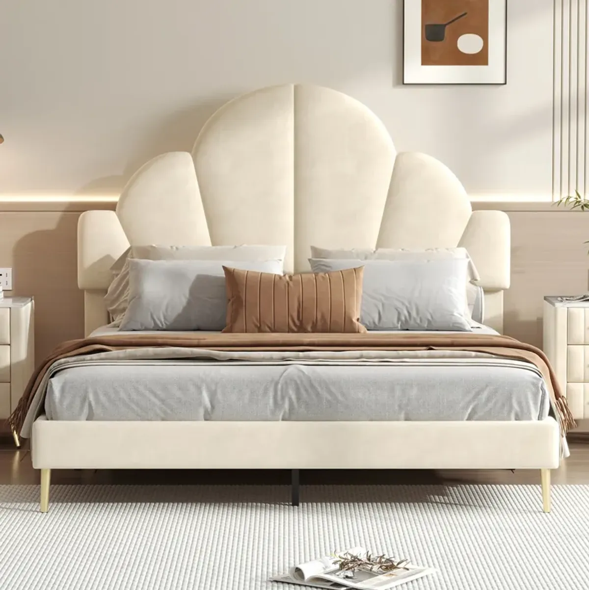 Merax Modern Velvet Platform Bed with Petal Shape Headboard