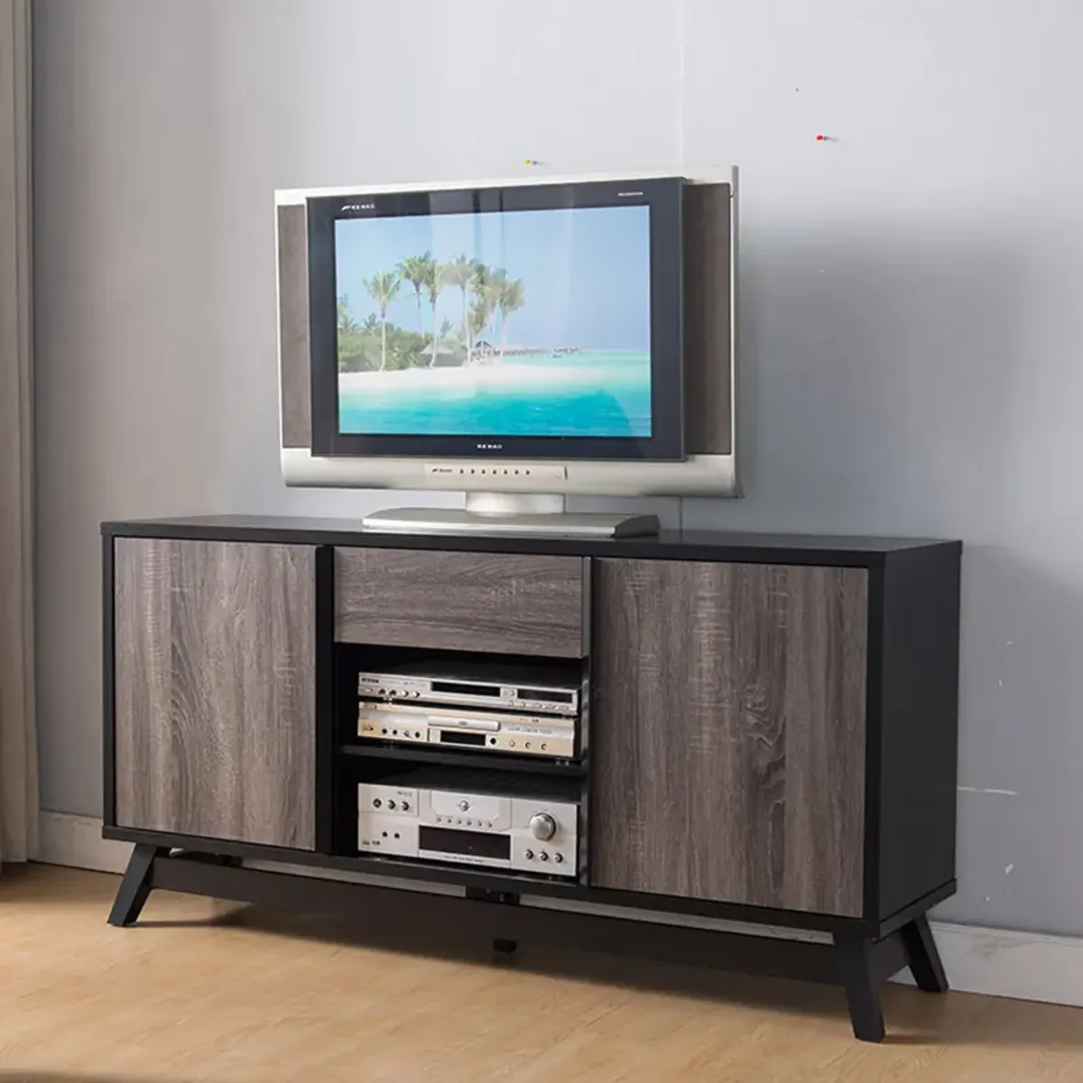 Black & Distressed Grey TV Stand Buffet with 2 Cabinets, 2 Center Shelves and Drawer
