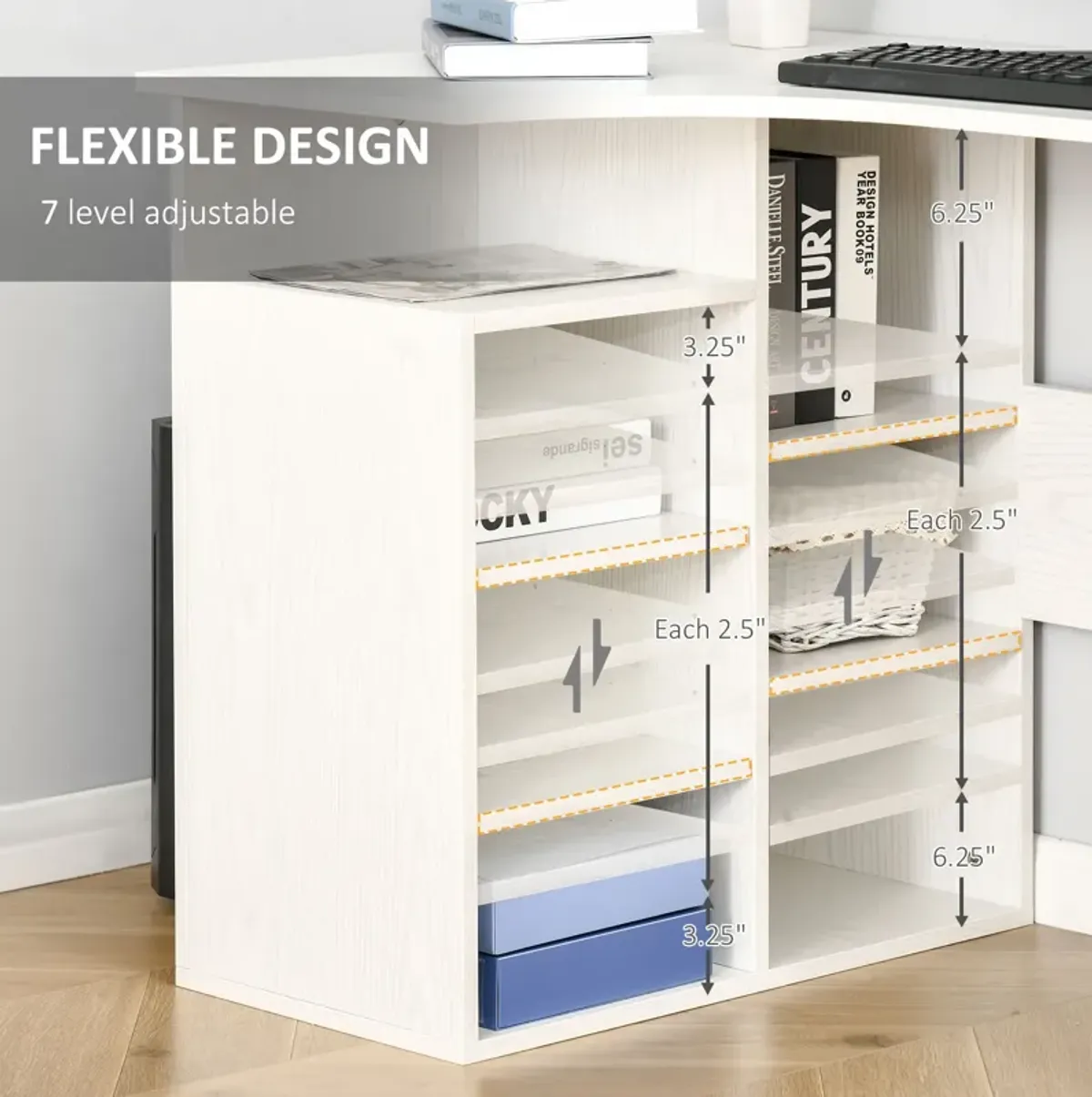 White Wood Workstation: L-Shaped Corner Desk with Storage Shelf