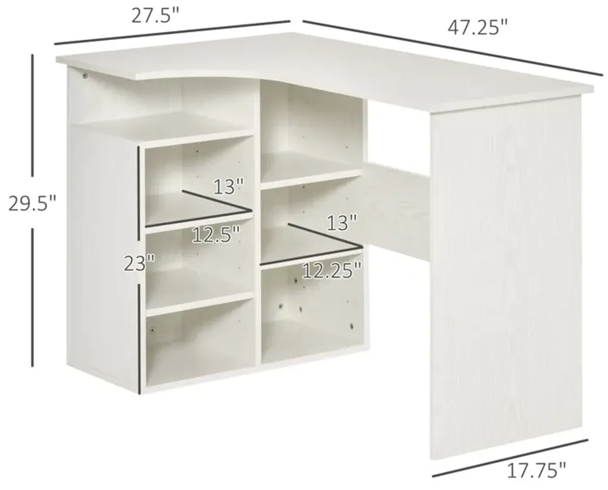 White Wood Workstation: L-Shaped Corner Desk with Storage Shelf