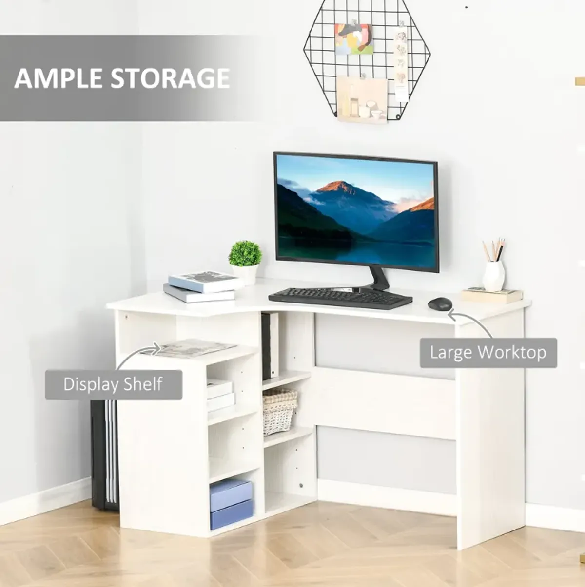 White Wood Workstation: L-Shaped Corner Desk with Storage Shelf