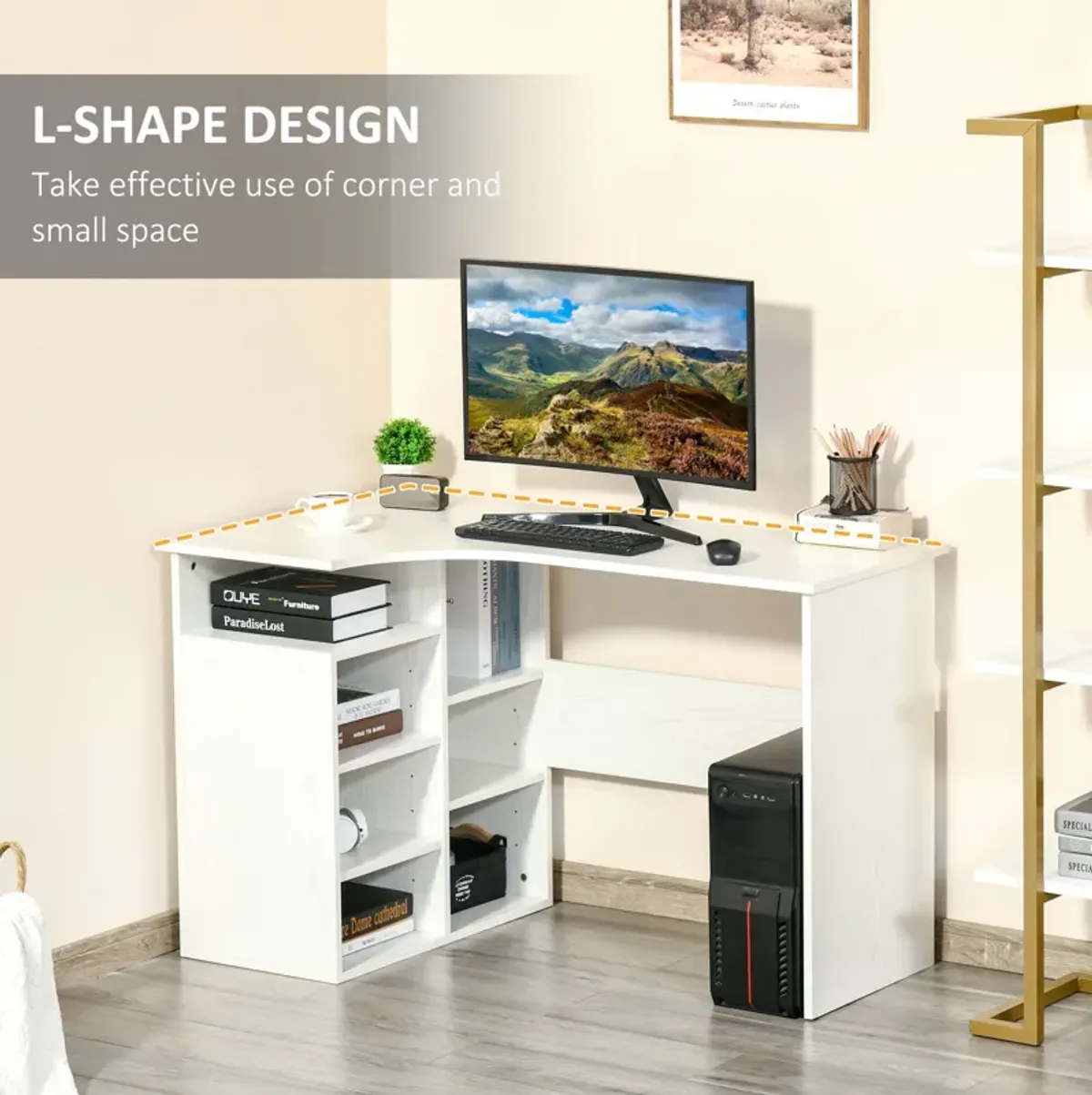 White Wood Workstation: L-Shaped Corner Desk with Storage Shelf