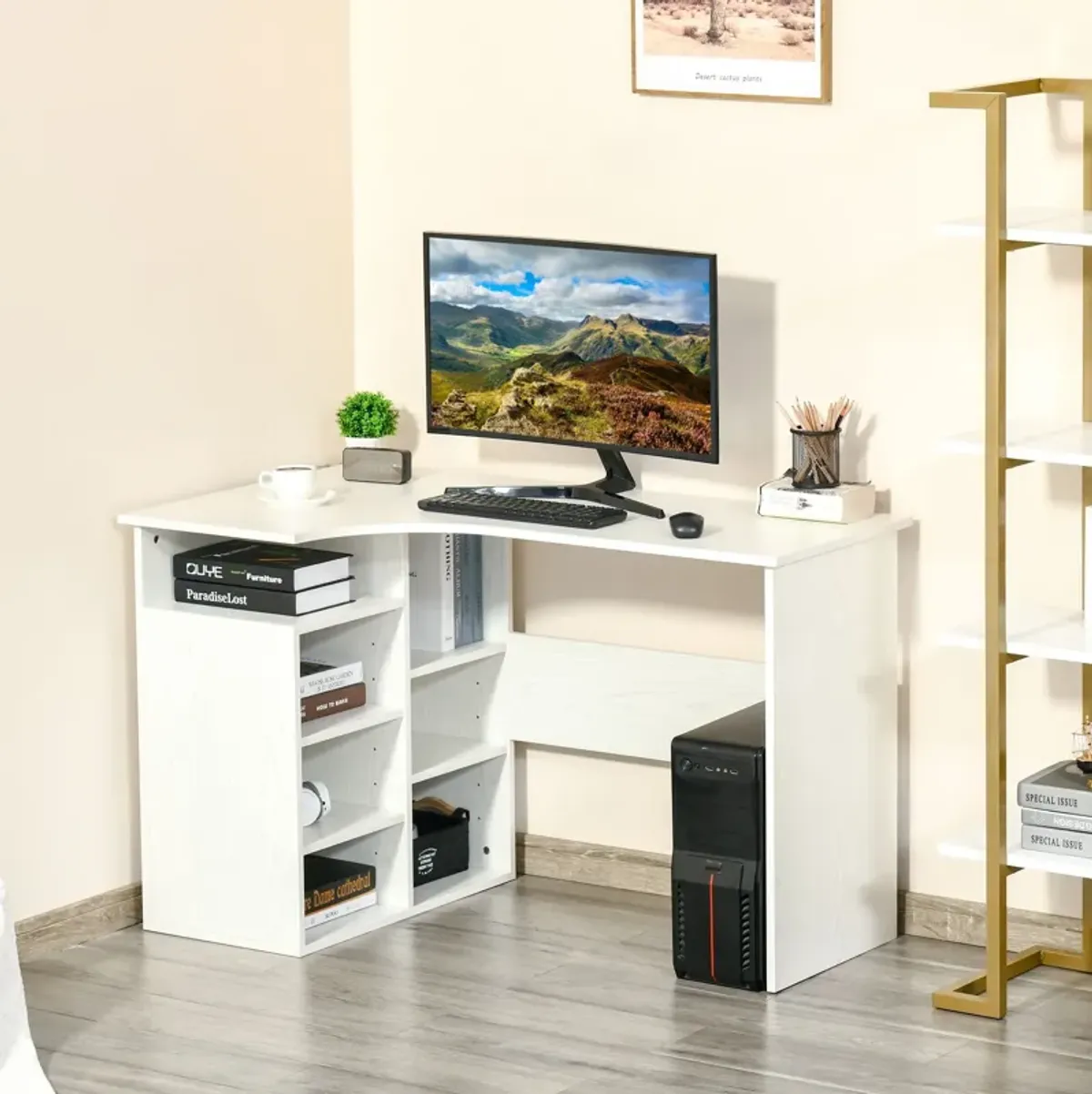 White Wood Workstation: L-Shaped Corner Desk with Storage Shelf