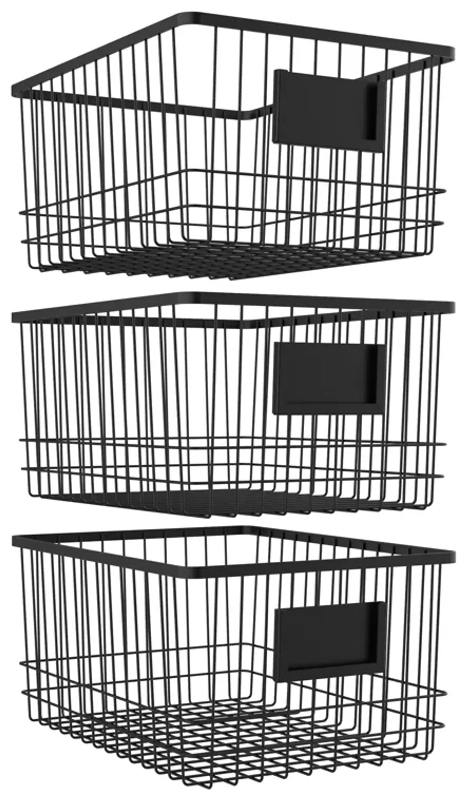 Oceanstar Metal Wire Organizer Bin Basket with Card Holder, Set of 3, Black