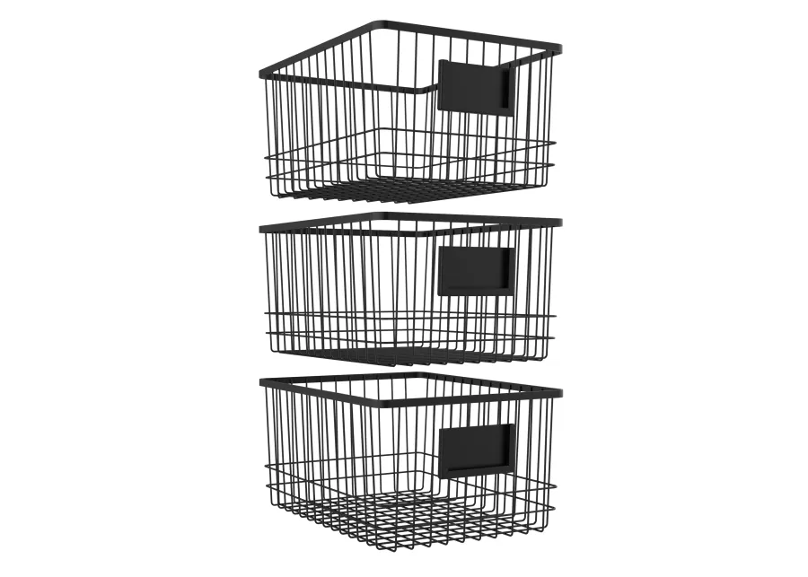 Oceanstar Metal Wire Organizer Bin Basket with Card Holder, Set of 3, Black