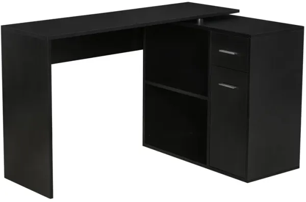 Black L-Shaped Desk: Corner Workstation, Rotating Shelves, Drawer