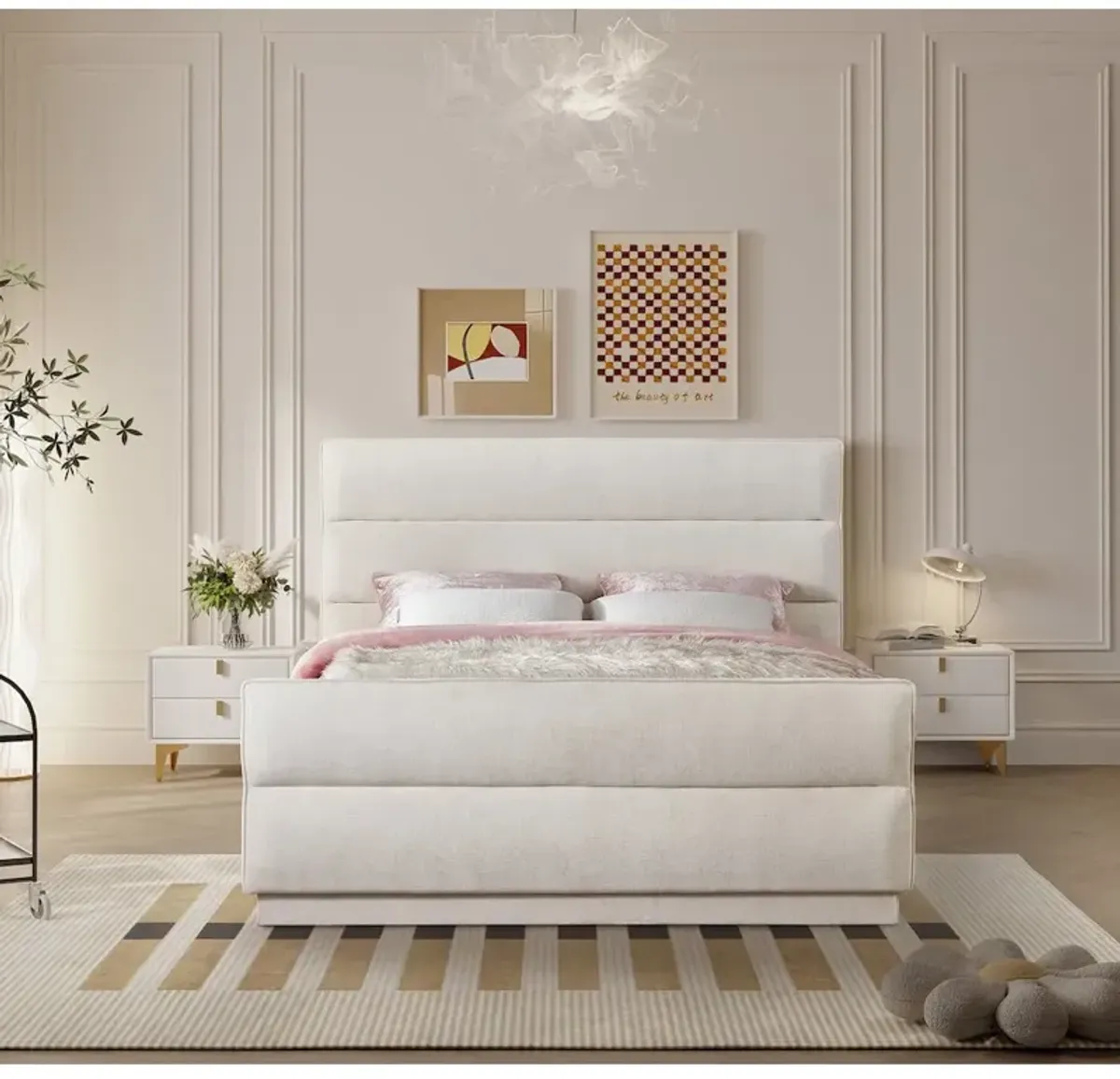 Meridian Furniture Paxton Cream Chenille Fabric Queen Bed