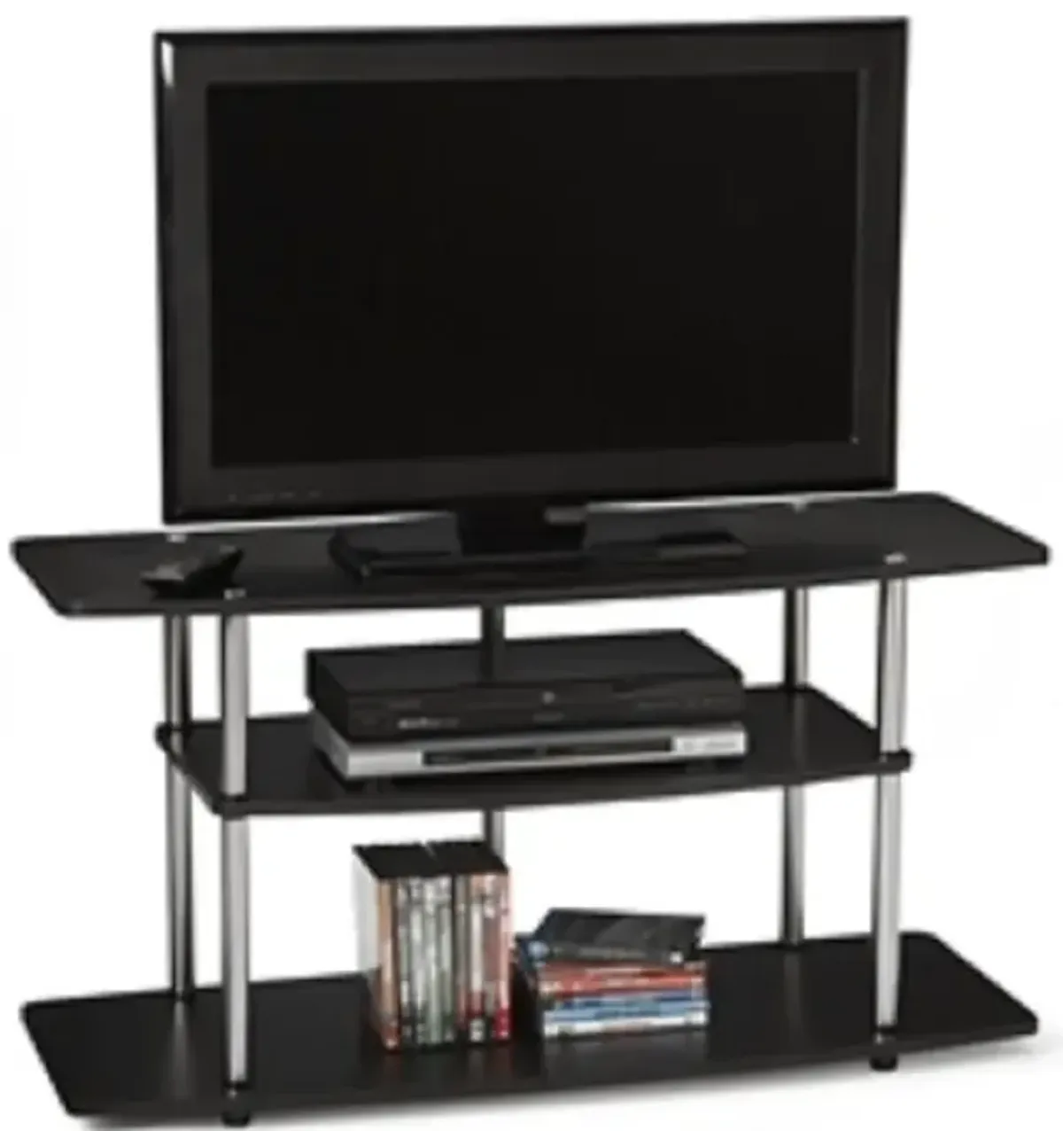 Minimalist 3-Tier TV Stand – Open Shelving Design in Wood Grain & Stainless Steel
