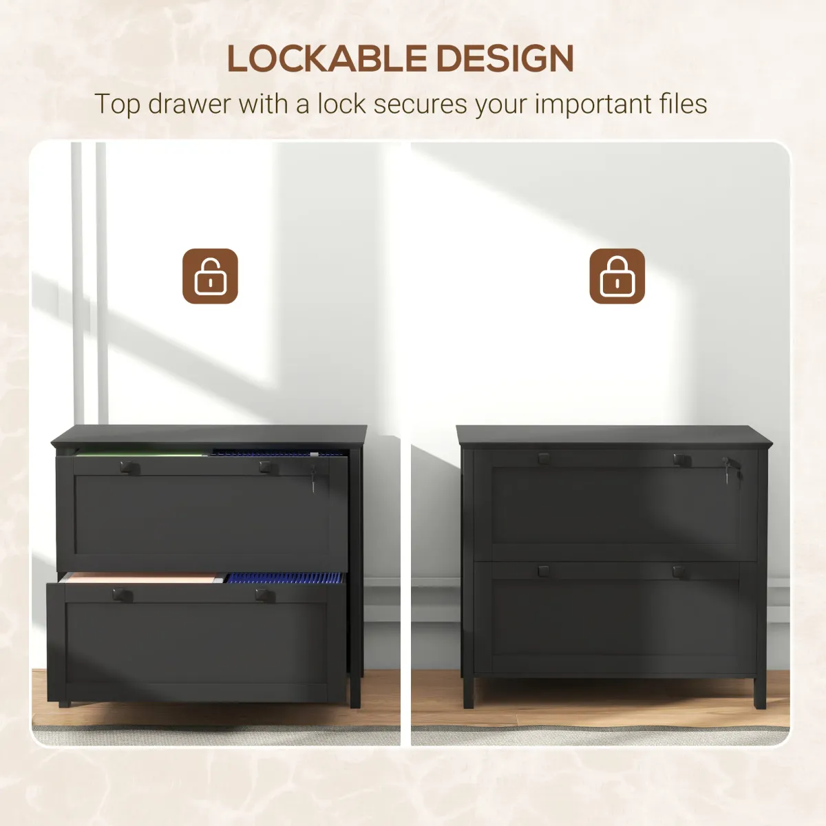 HOMCOM 2 Drawer File Cabinet with Lock and Adjustable Hanging Bar Black