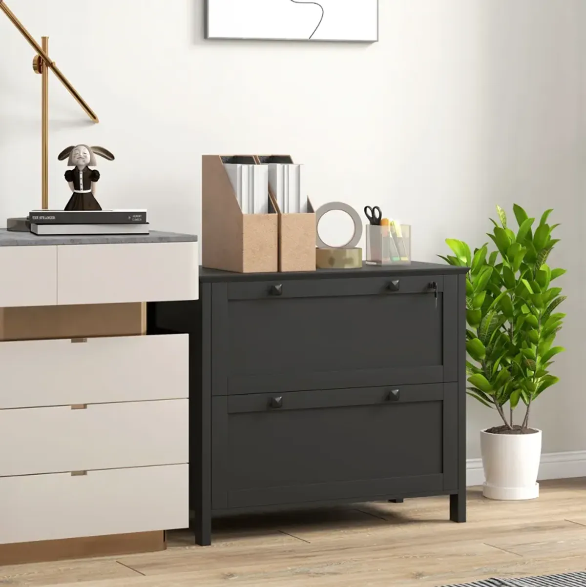 HOMCOM 2 Drawer File Cabinet with Lock and Adjustable Hanging Bar Black