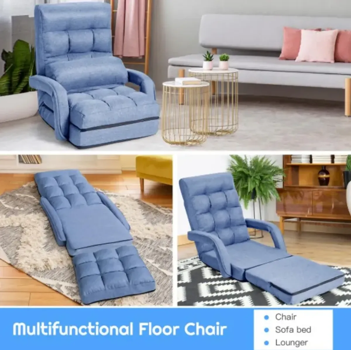 Folding Lazy Floor Chair Sofa with Armrests and Pillow