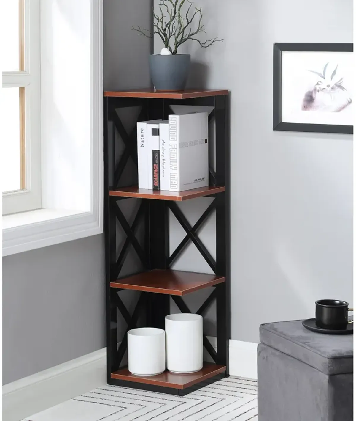 Convenience Concepts Oxford 3 Tier Corner Bookcase, Cherry / Black