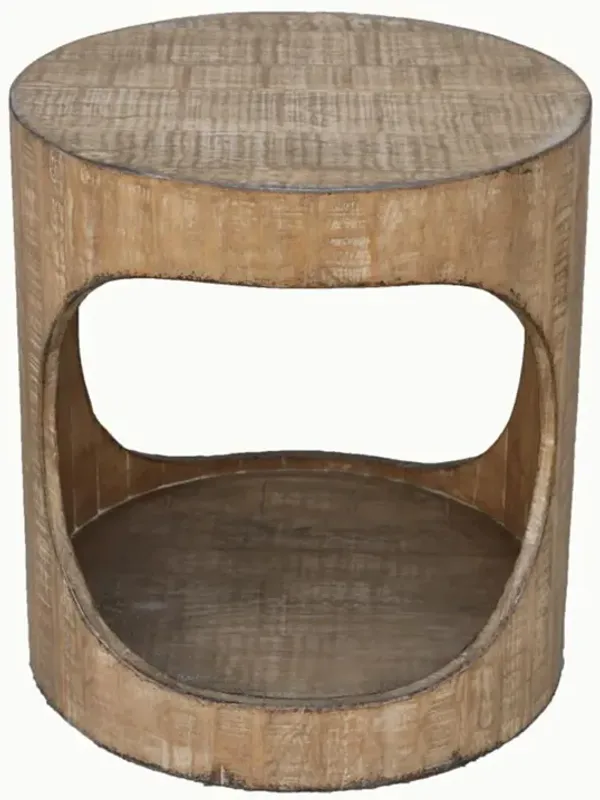 Roki Side End Table w Shelf, 22 Inch Natural Brown Pine Wood Round Top