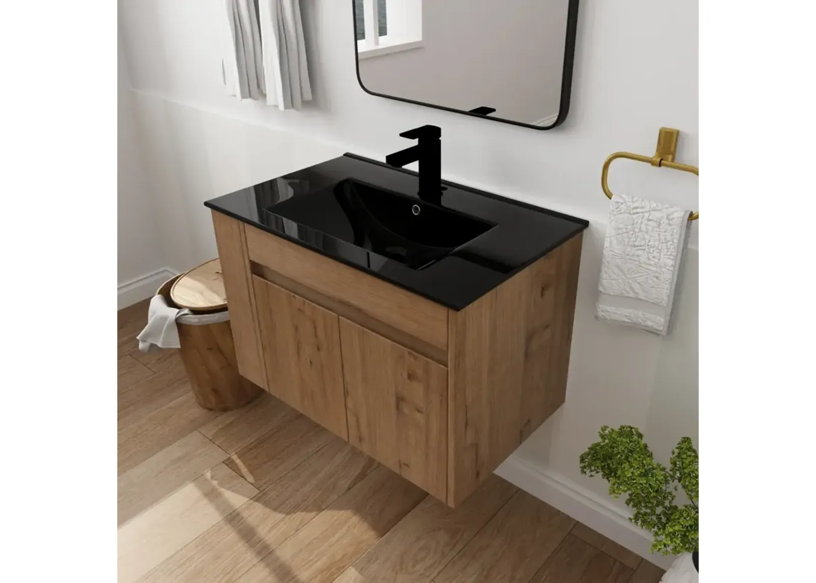 30 Inch Bathroom Vanity With Black Ceramic Basin And Adjust Open Shelf