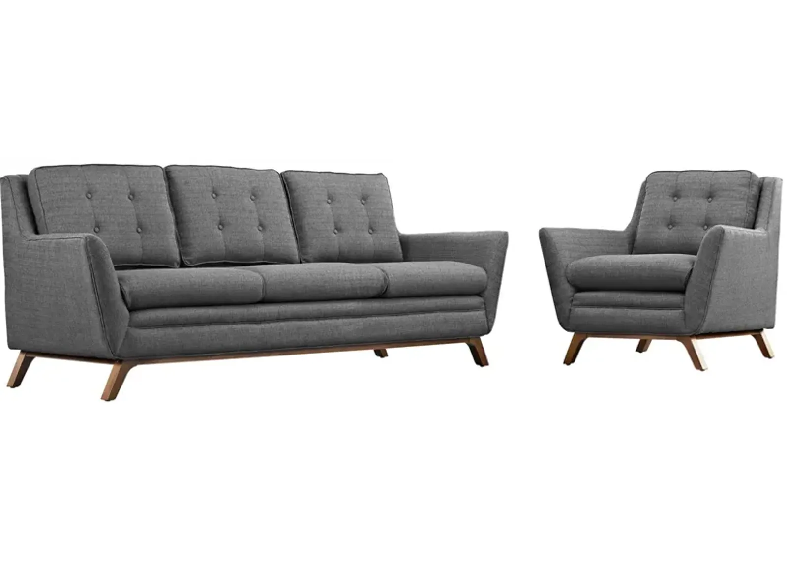 Beguile Collection: Mid-Century Charm meets Modern Sophistication. Includes Fabric Armchair & Sofa. Elegant Walnut-Stained Base. Plush & Tufted. Gray.