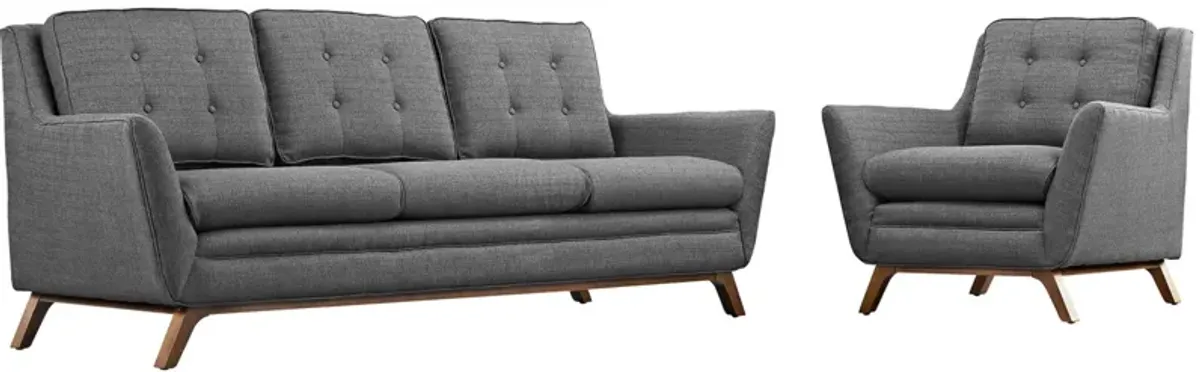 Beguile Collection: Mid-Century Charm meets Modern Sophistication. Includes Fabric Armchair & Sofa. Elegant Walnut-Stained Base. Plush & Tufted. Gray.