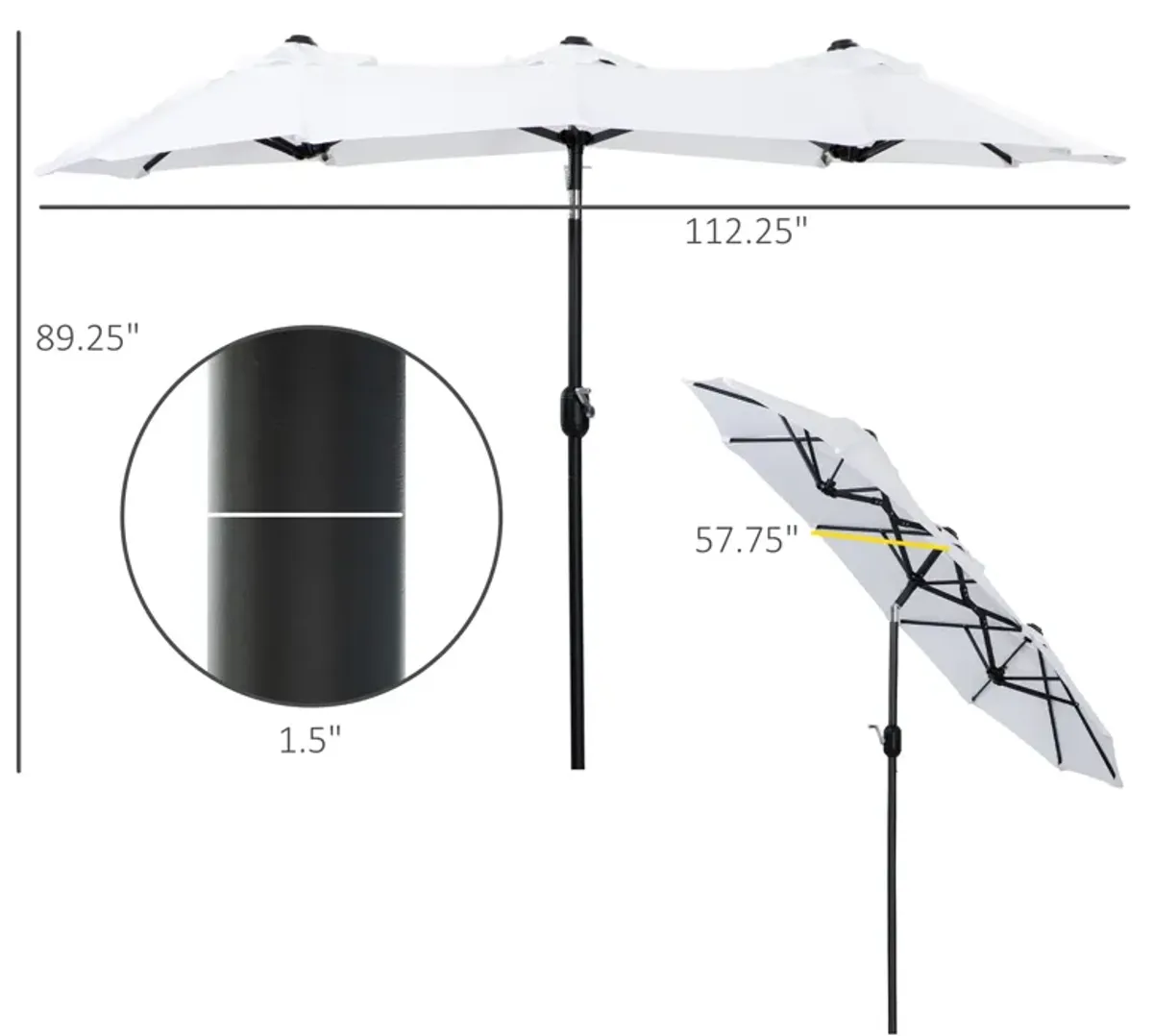 Pure White Patio Shade: 9.5' Double-Sided Umbrella with Tilt Crank