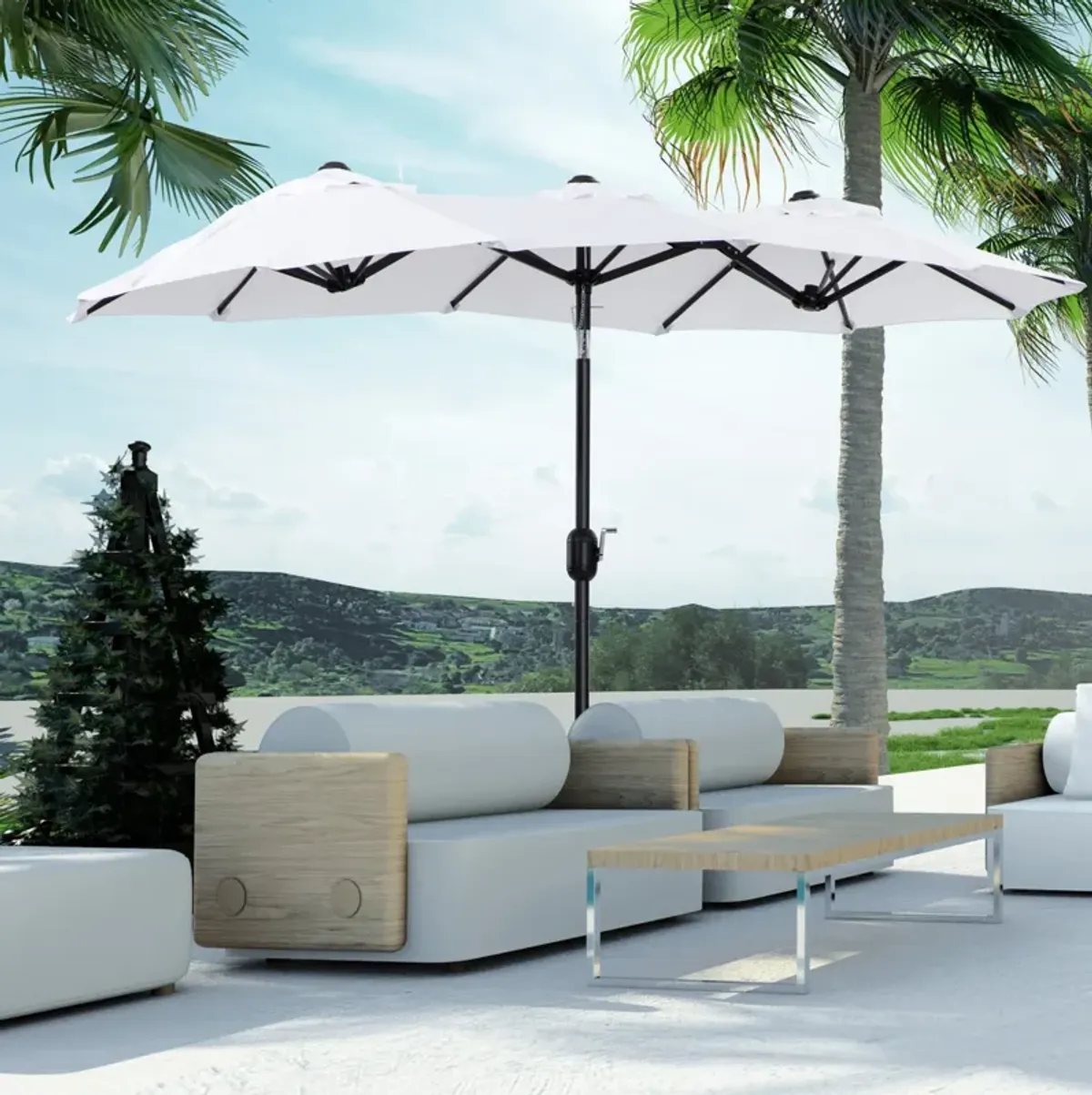 Pure White Patio Shade: 9.5' Double-Sided Umbrella with Tilt Crank