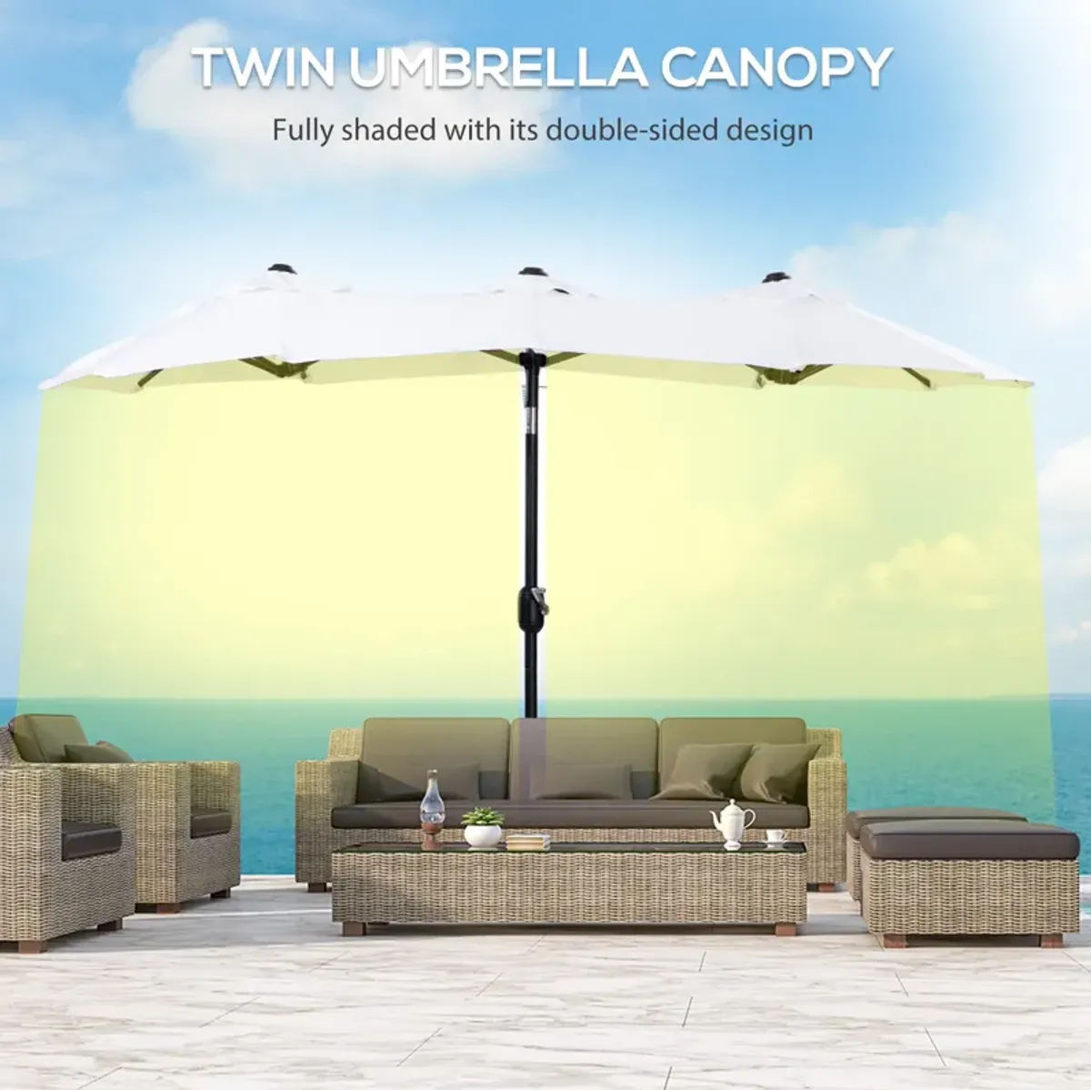 Pure White Patio Shade: 9.5' Double-Sided Umbrella with Tilt Crank