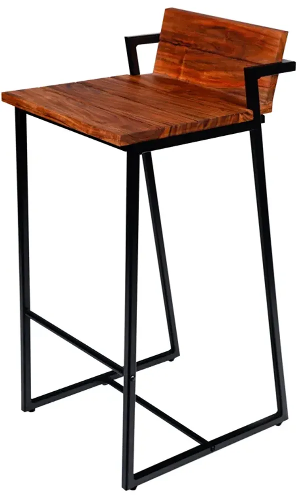 35 Inch Industrial Style Acacia Wood Barstool with Metal Frame, Brown and Black(D0102H71T88)