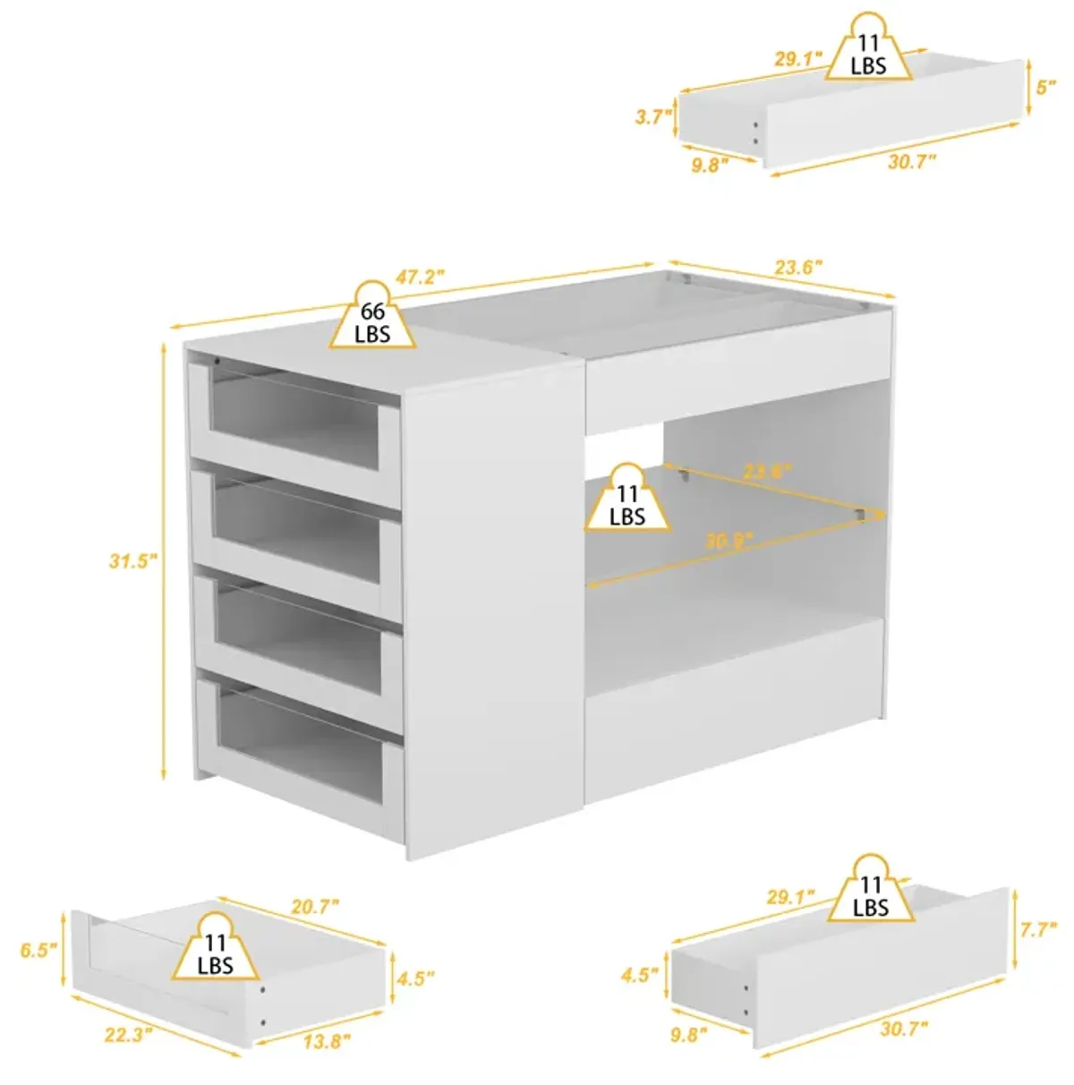 White 8-Drawers 47.2 in. Width Bedroom Dresser with Glass Top and Glass Drawers