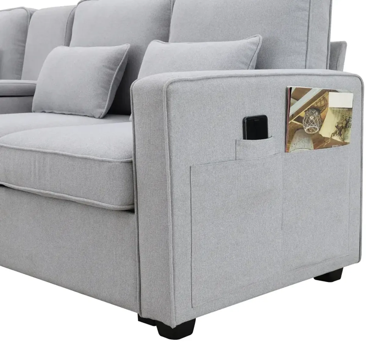 4-Seater Modern Linen Fabric Sofa With Armrest Pockets And 4 Pillows, Minimalist Style