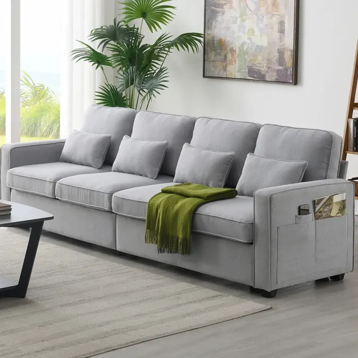 4-Seater Modern Linen Fabric Sofa With Armrest Pockets And 4 Pillows, Minimalist Style