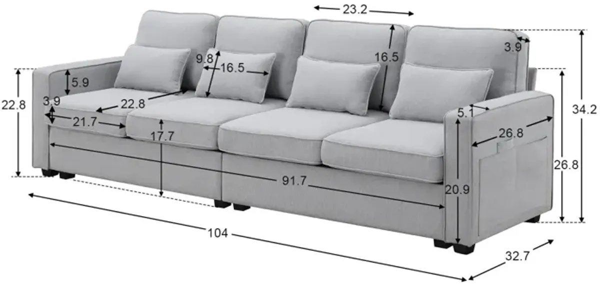 4-Seater Modern Linen Fabric Sofa With Armrest Pockets And 4 Pillows, Minimalist Style