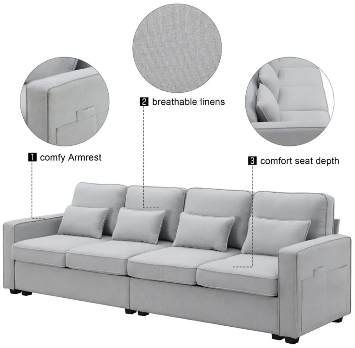 4-Seater Modern Linen Fabric Sofa With Armrest Pockets And 4 Pillows, Minimalist Style