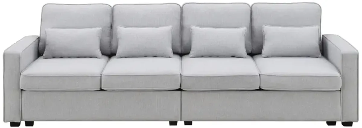 4-Seater Modern Linen Fabric Sofa With Armrest Pockets And 4 Pillows, Minimalist Style